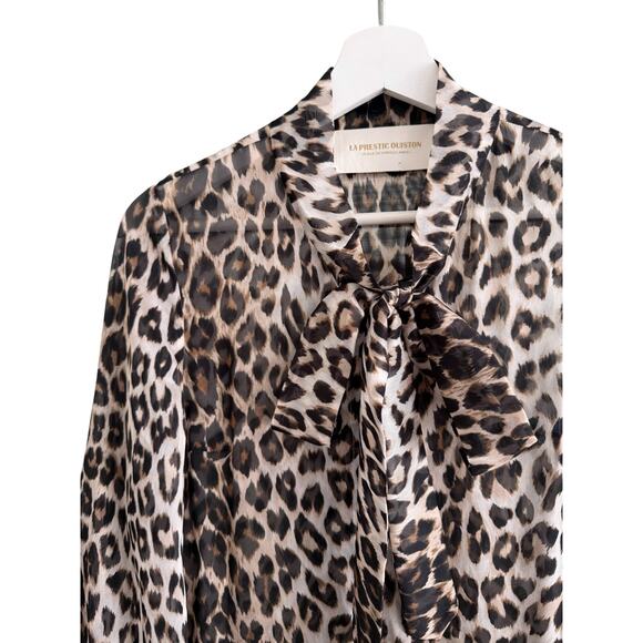 La Prestic Ouiston Dress Silk Leopard Print Tie Neck Pleated Long Sleeve Size 2 - Picture 6 of 13